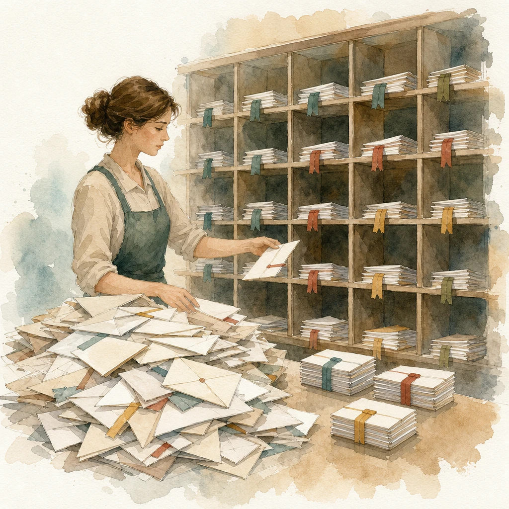 A postal sorter splits a large pile of letters into small colour-matched pigeonhole groups, illustrating broadcast list segmentation