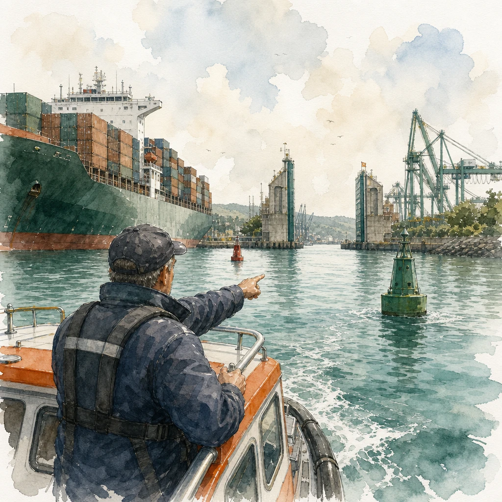 A pilot boat guides a business ship through a narrow harbour entrance into a large green port, illustrating a WhatsApp Business Solution Provider