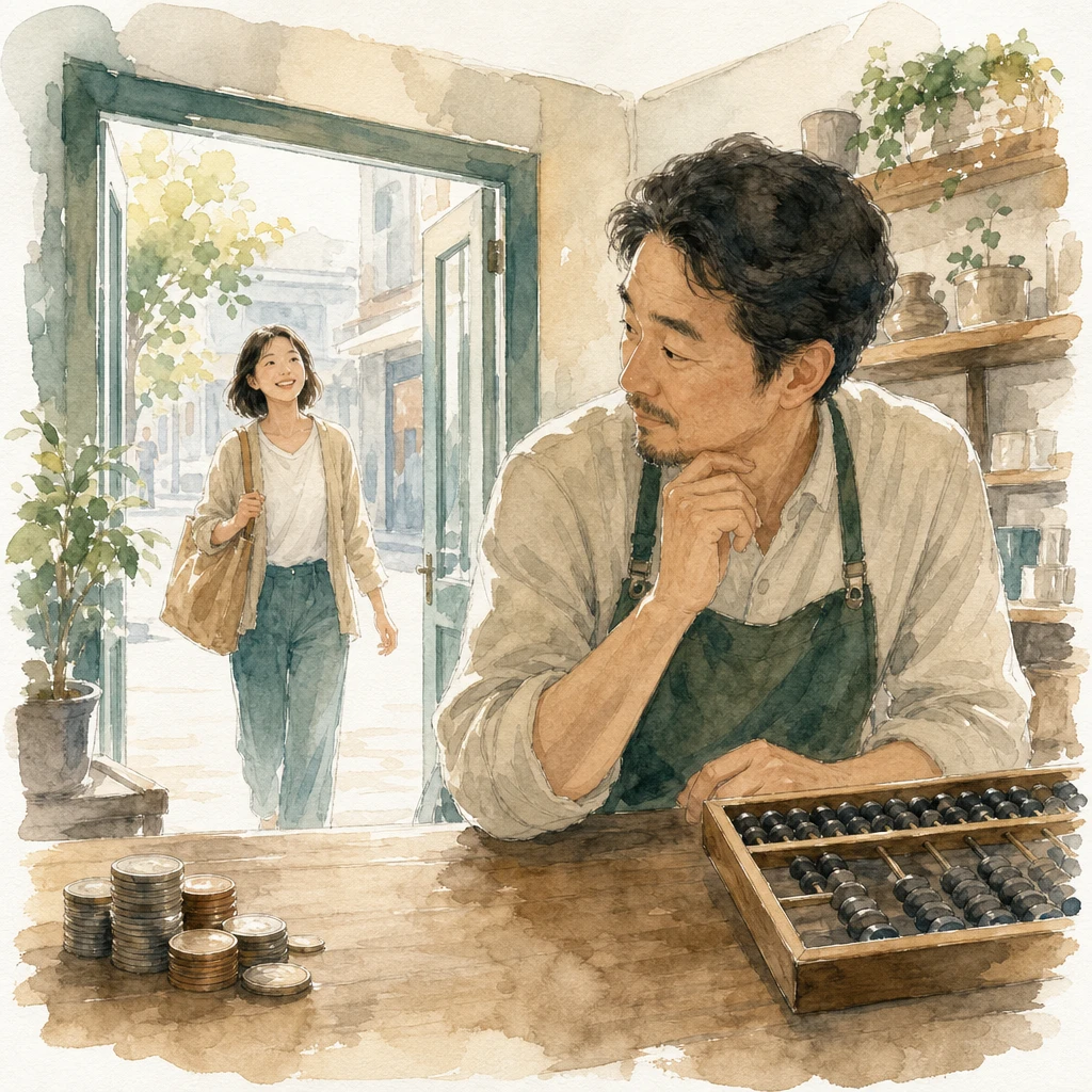 A shopkeeper compares a spent stack of coins against one new customer arriving at the door, illustrating customer acquisition cost