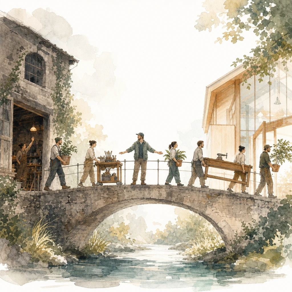 A team carries benches and tools across a bridge from an old building to a bright new one, illustrating change management