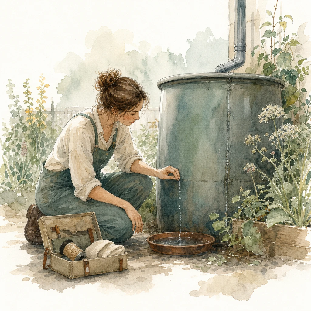 A keeper kneels to mend a thin leak in a garden water bucket, illustrating customer churn rate