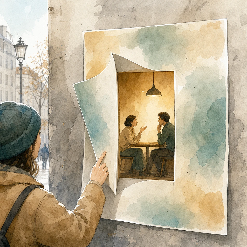 A passer-by taps a street poster that opens like a door into a glowing chat conversation, illustrating Click-to-WhatsApp ads
