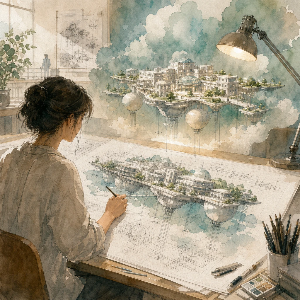 An architect drafts a campus of cloud-floating buildings with a hovering model above the table, illustrating cloud architecture