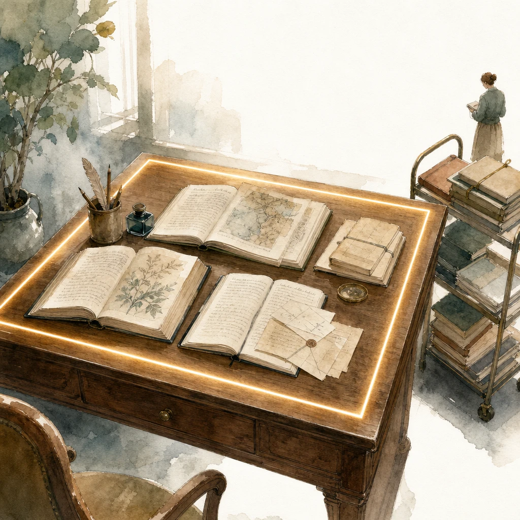 A glowing frame bounds a desk holding a limited set of open books while more wait on a cart outside it, illustrating an LLM context window