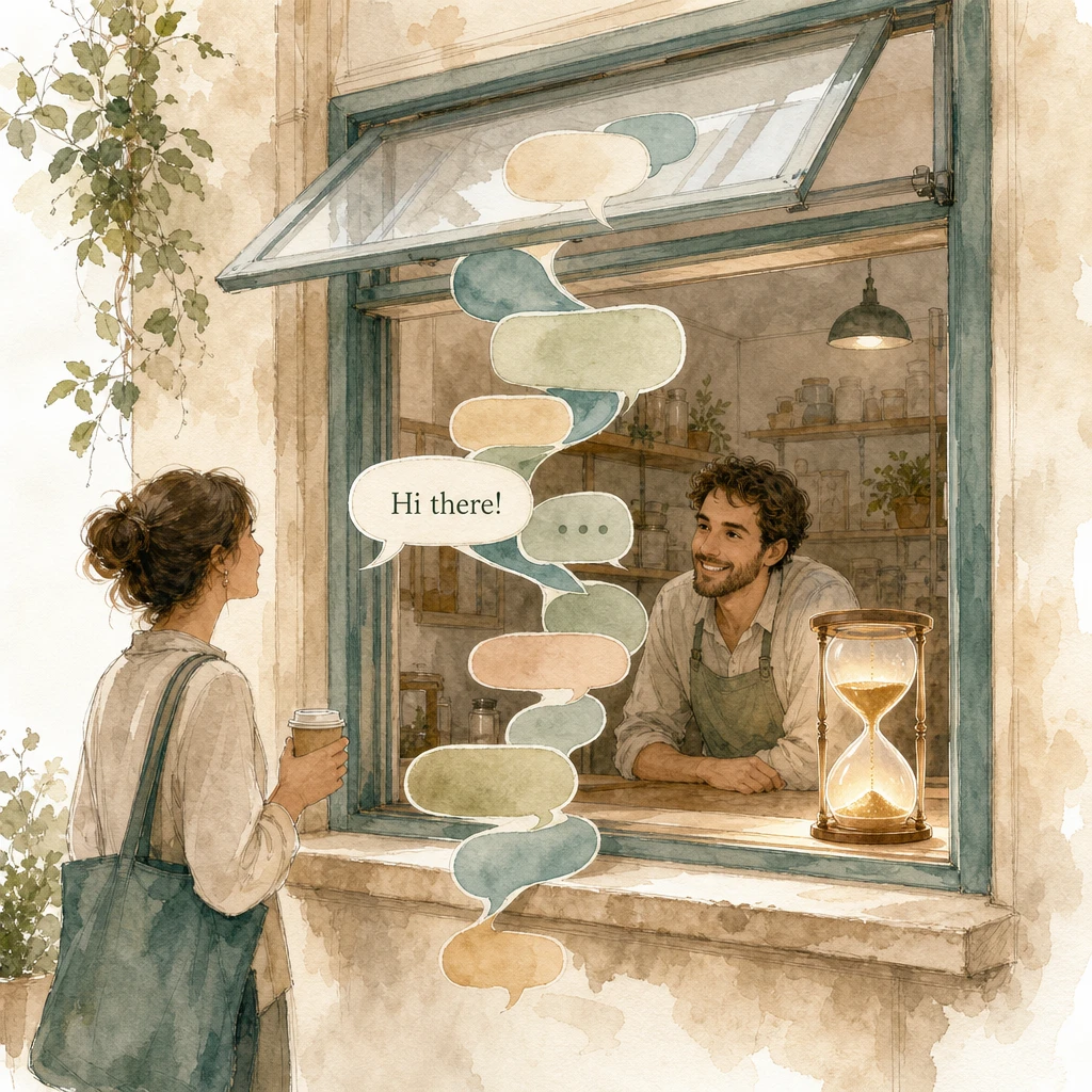 A customer and a shopkeeper chat freely through an open service window while an hourglass runs on the sill, illustrating the WhatsApp conversation window
