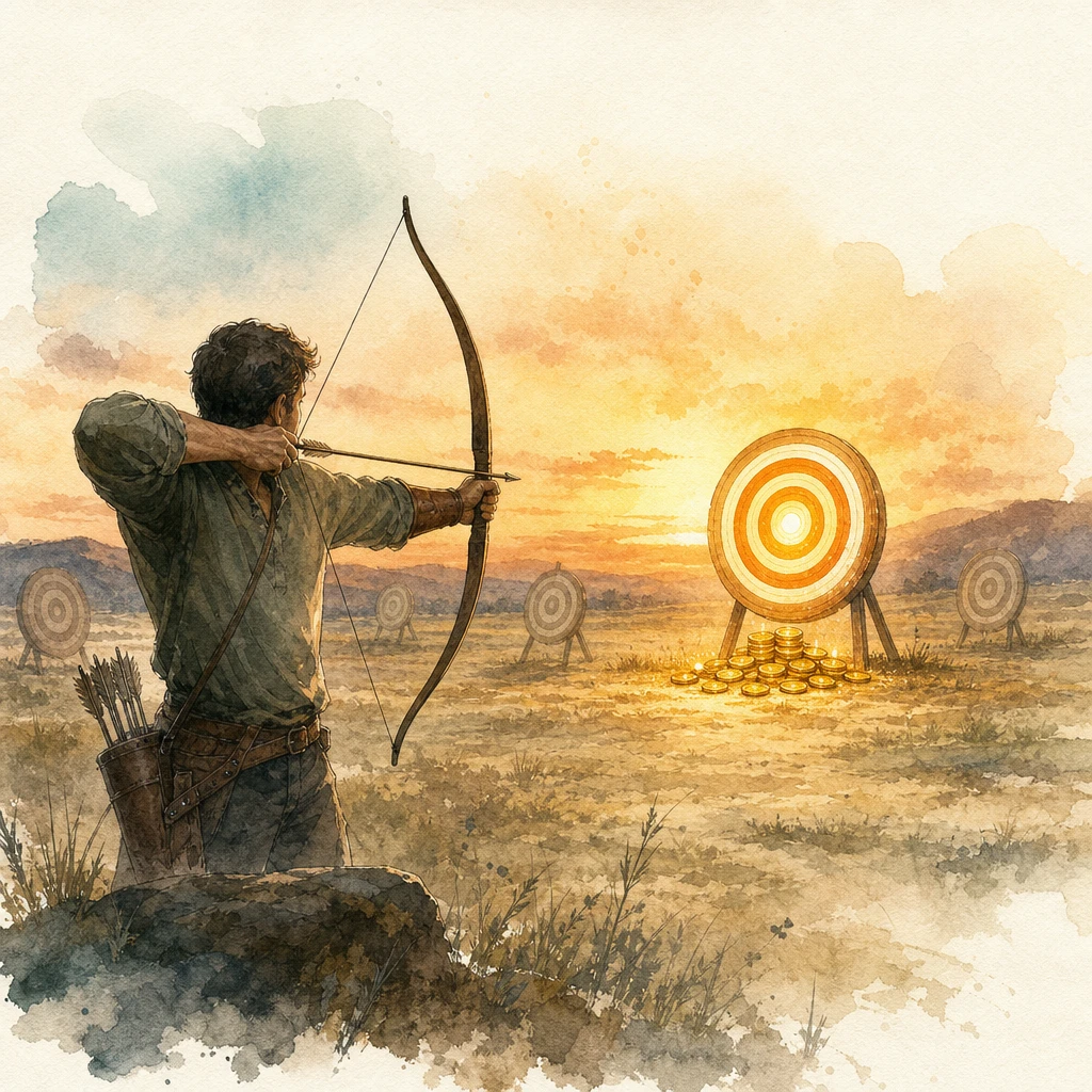 An archer aims at one glowing ringed target among faded ones, with coins at its base, illustrating a conversion-optimised ad campaign