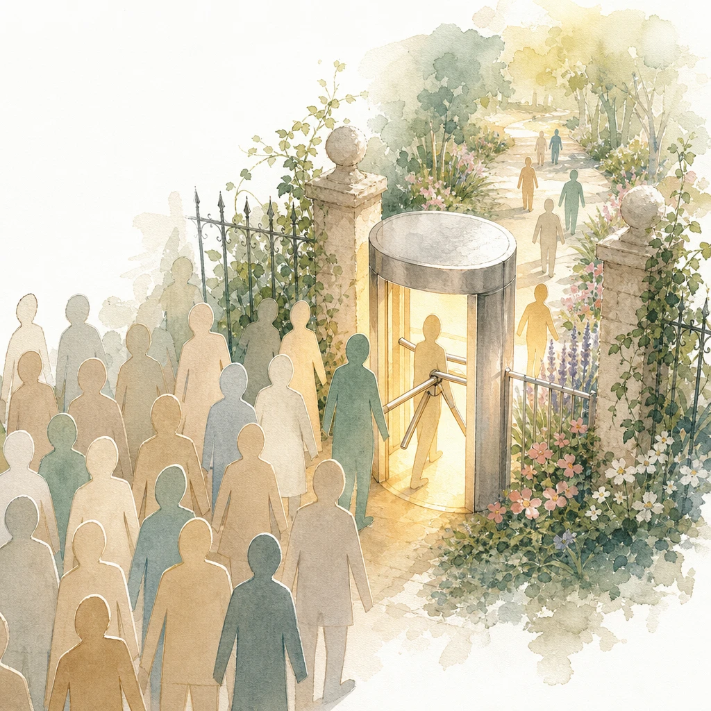 A fraction of a paper crowd passes through a glowing turnstile onto a flowering path, illustrating conversion rate