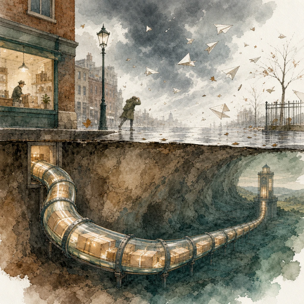 An underground pipeline carries glowing parcels from a shop to a distant tower while paper planes above are lost in a storm, illustrating the Meta Conversions API