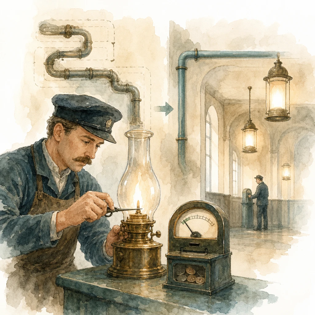 A keeper trims a lamp wick beside a settling coin meter and a shortened pipe route, illustrating AI cost optimization