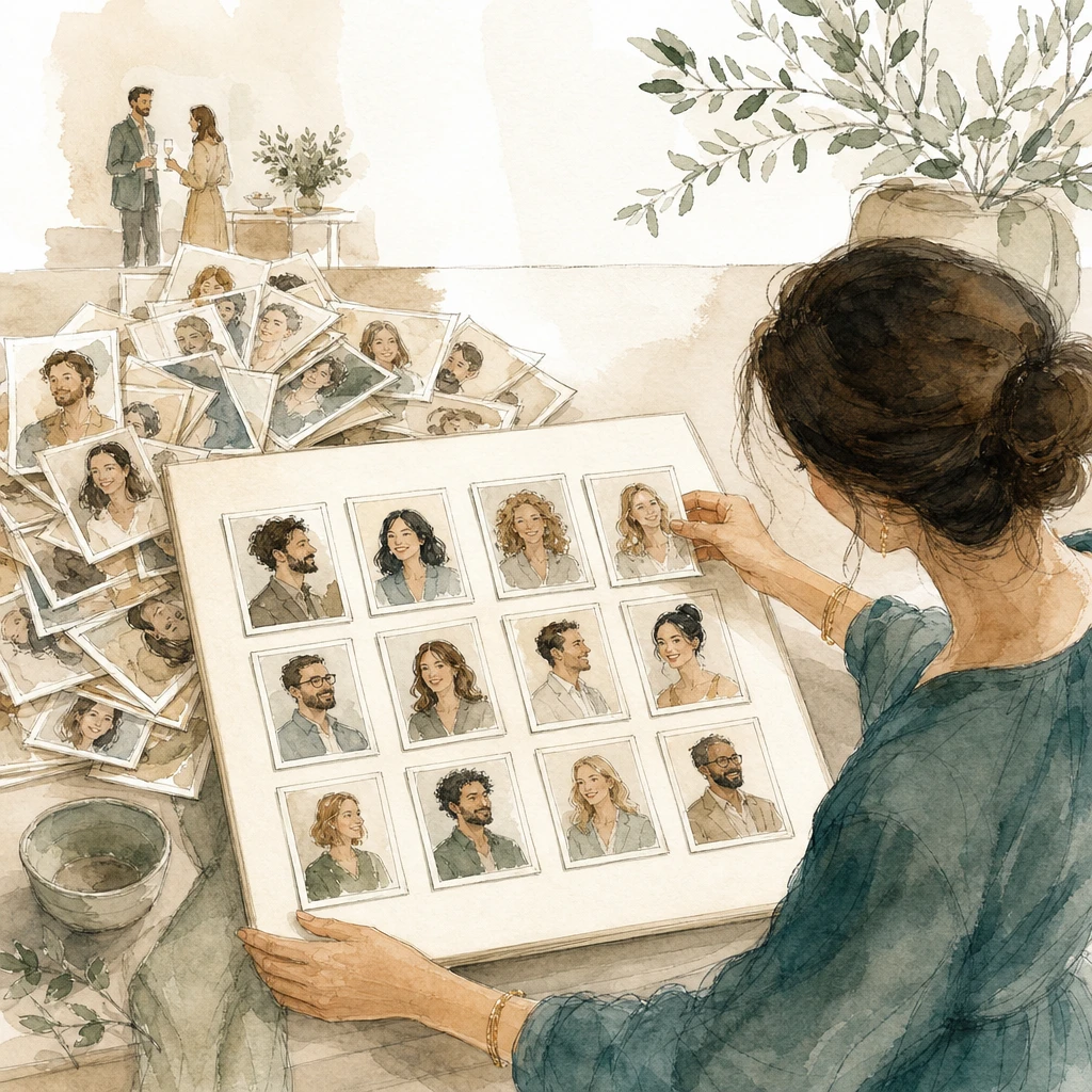 A host arranges chosen portrait cards from a large pile onto an invitation board, illustrating a Meta custom audience