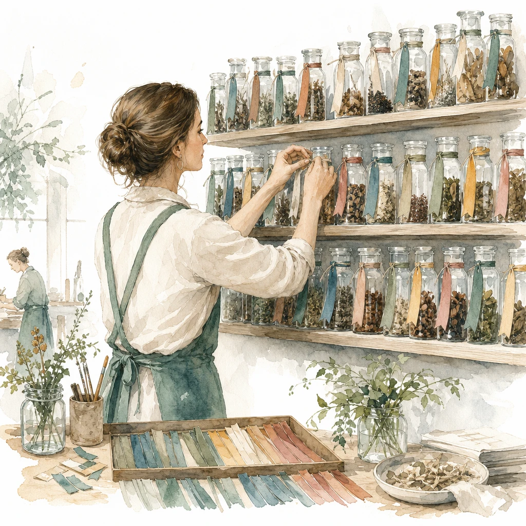 A curator ties coloured ribbon tags onto rows of specimen jars, illustrating data labeling for AI training