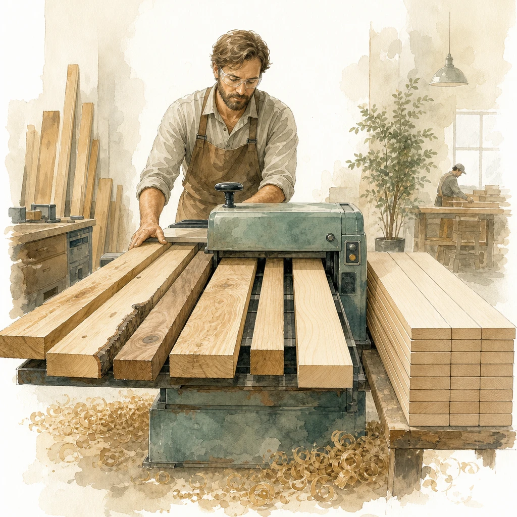 A carpenter planes boards of different widths into one even standard stack, illustrating data normalization