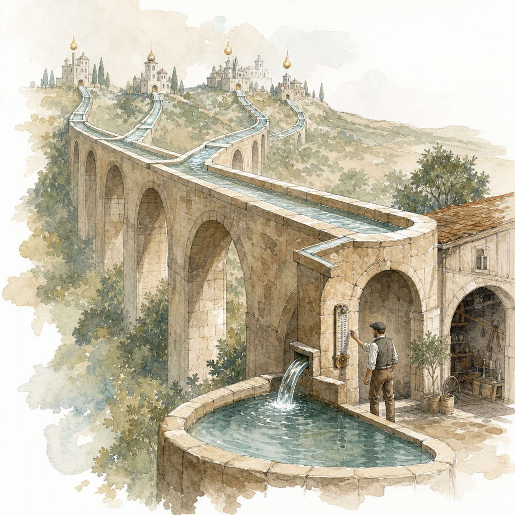 Tributary channels feed glowing droplets from distant buildings along an aqueduct into a workshop cistern, illustrating data pipelines