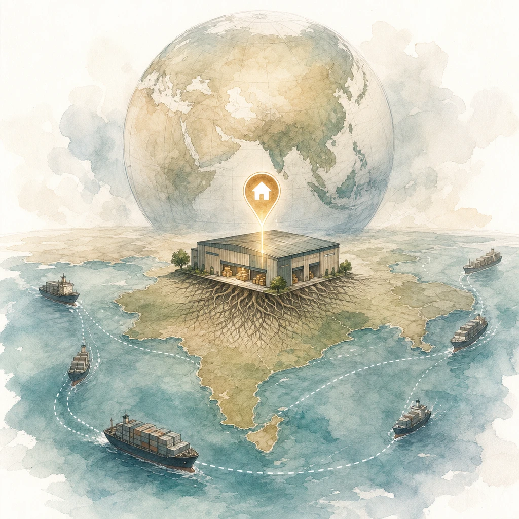 A filing warehouse rooted to one pinned country on a map with a globe above, illustrating data residency requirements