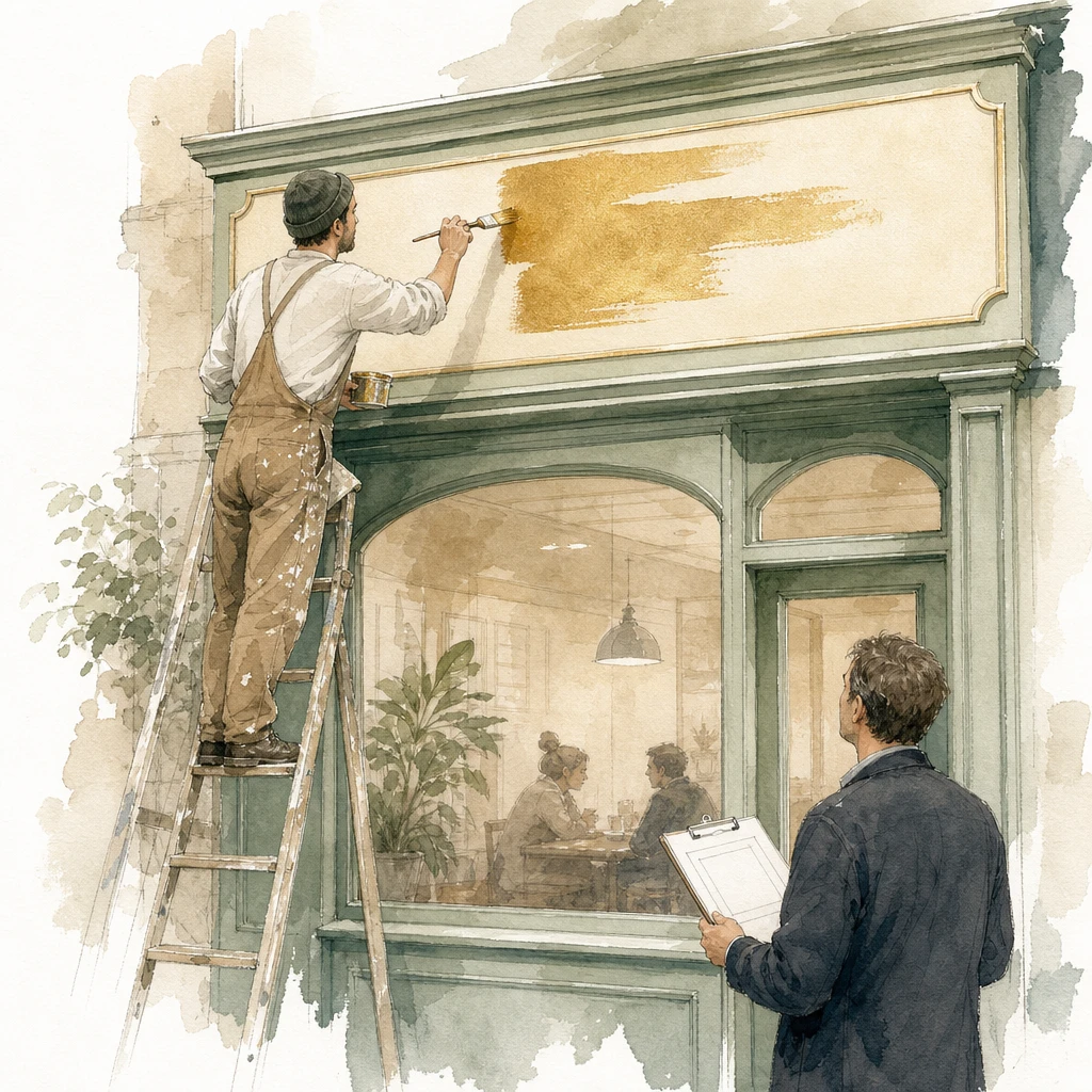 A signwriter paints a shop name board above a chat window while an inspector checks papers, illustrating the WhatsApp display name