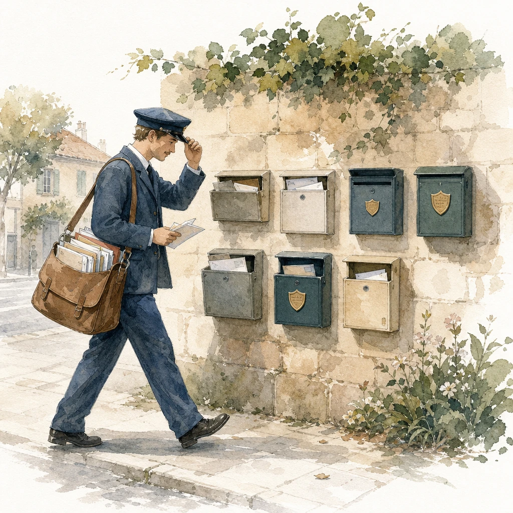 A postman skips letterboxes marked with small shield plaques and delivers only to open ones, illustrating Singapore's Do Not Call Registry