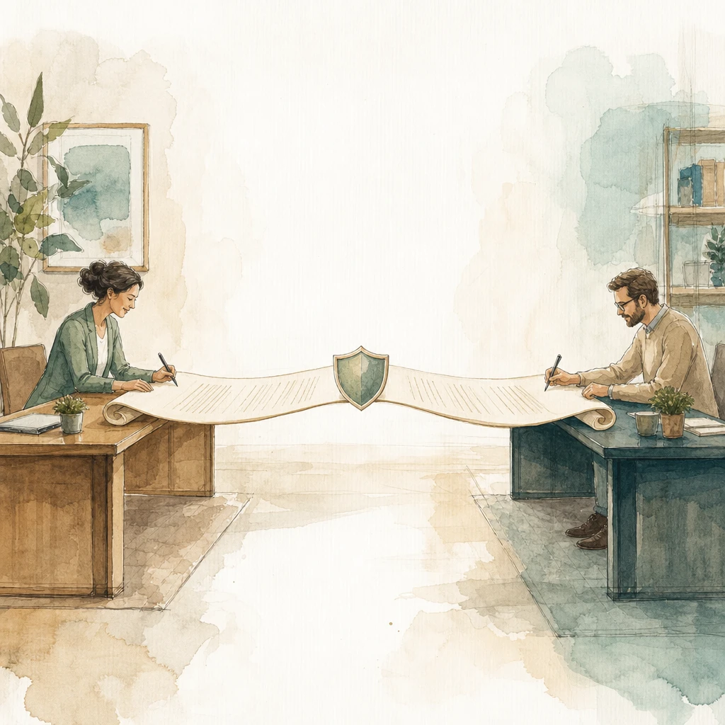 Two figures at facing desks sign one long contract scroll bridging between them, illustrating a data processing agreement
