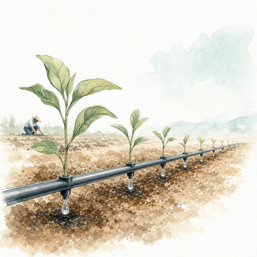 An irrigation line drips tiny envelope-shaped droplets onto a row of seedlings at even intervals, illustrating a drip message sequence