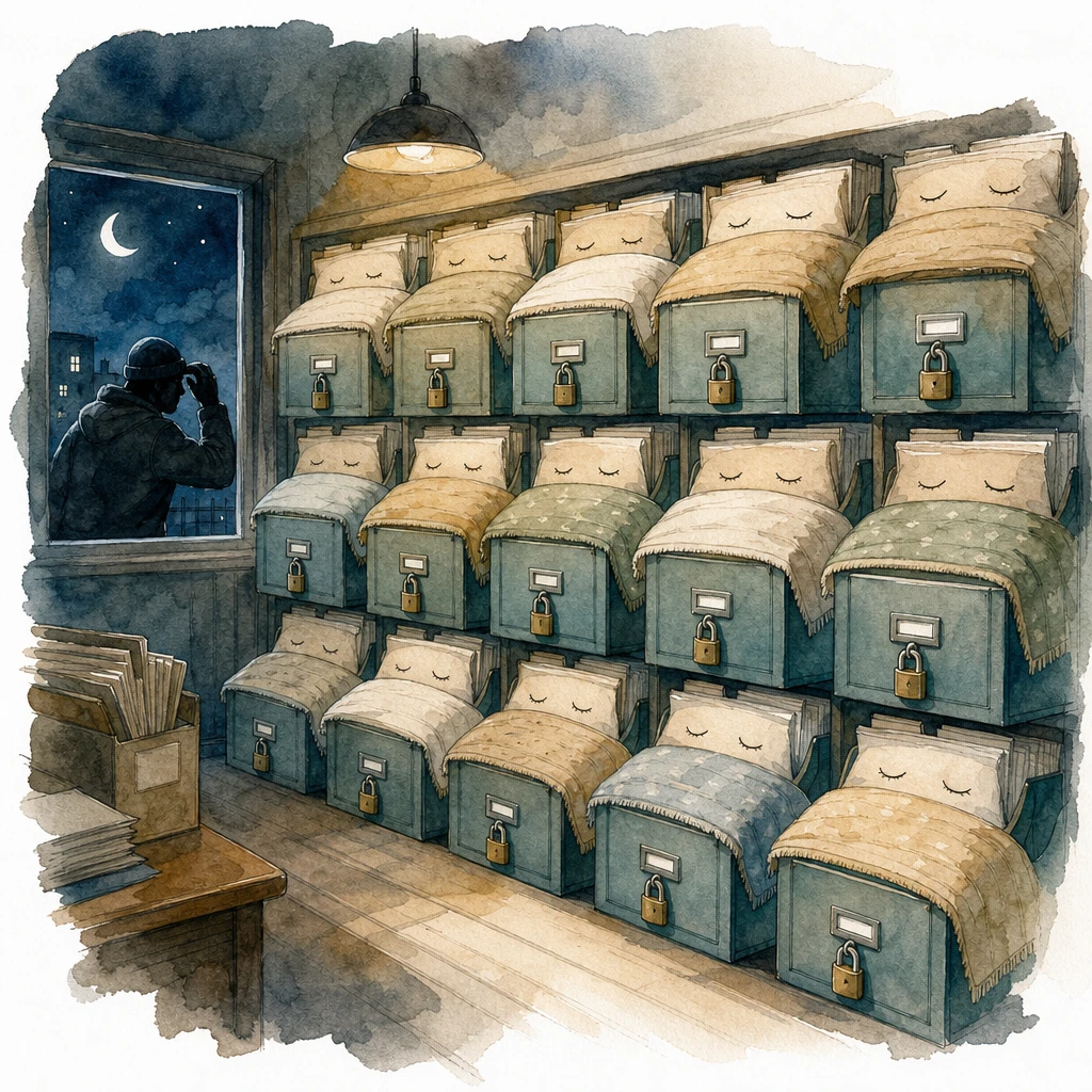 Filing drawers sleep under padlocked blankets while a thief at the window sees only sealed chests, illustrating encryption at rest