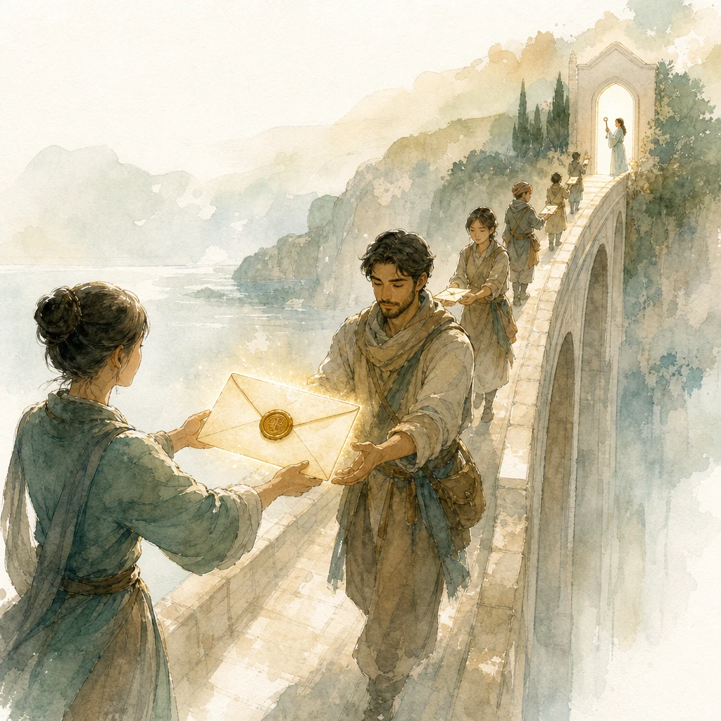 Couriers relay a sealed glowing letter across a bridge that only the final recipient can unlock, illustrating end-to-end encryption