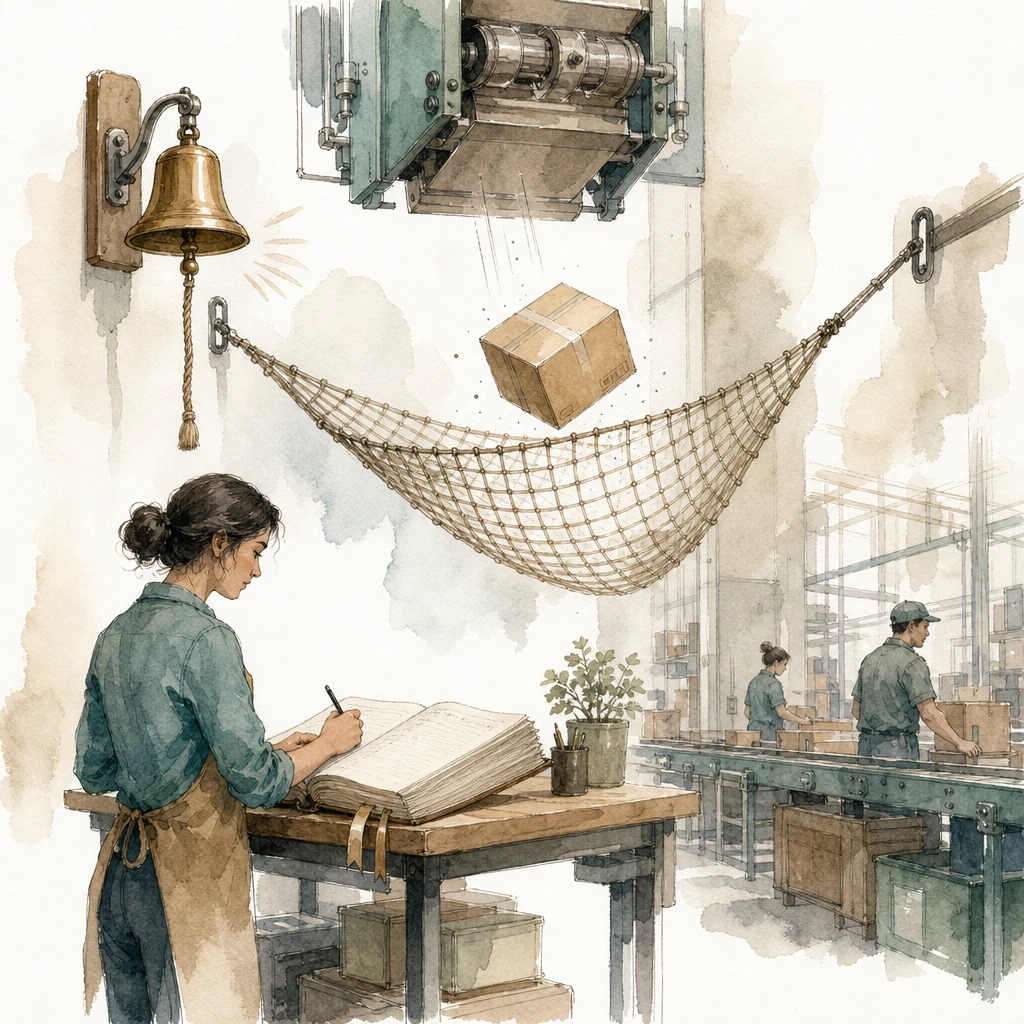 A safety net catches a dropped parcel while a bell rings and a clerk logs the incident, illustrating AI error handling and logs