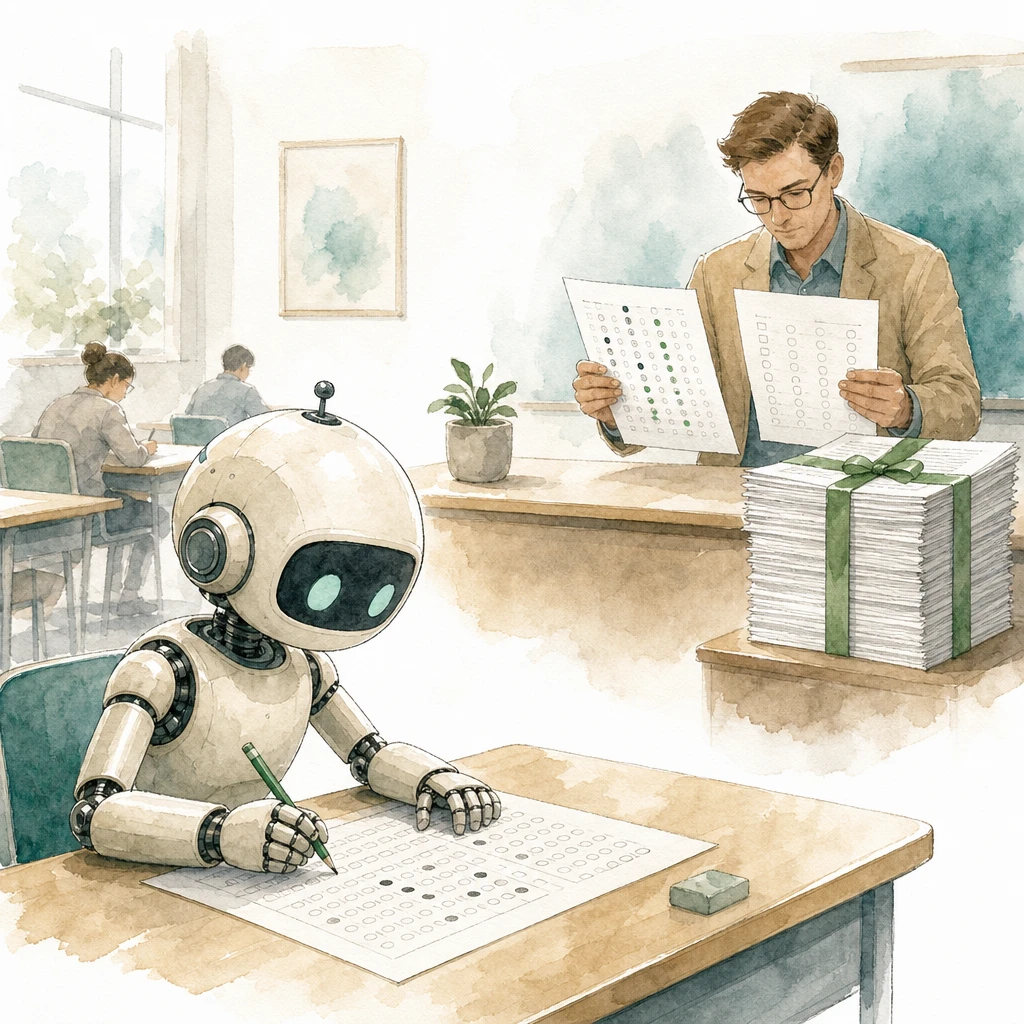 An examiner compares a robot's answer sheets against a master key in an exam hall, illustrating AI evaluation and testing