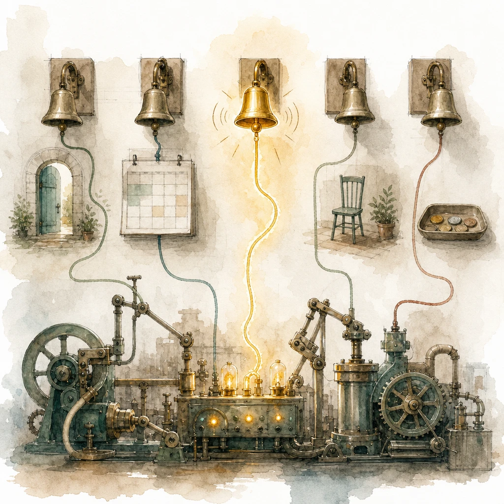 One bell on a wall of differently wired bells rings and wakes machines below, illustrating event triggers in AI workflows
