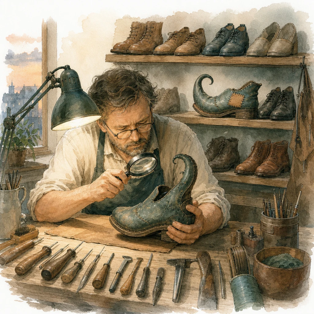 A cobbler examines one strange shoe under a lamp beside a shelf of mended ones, illustrating fixing AI edge cases