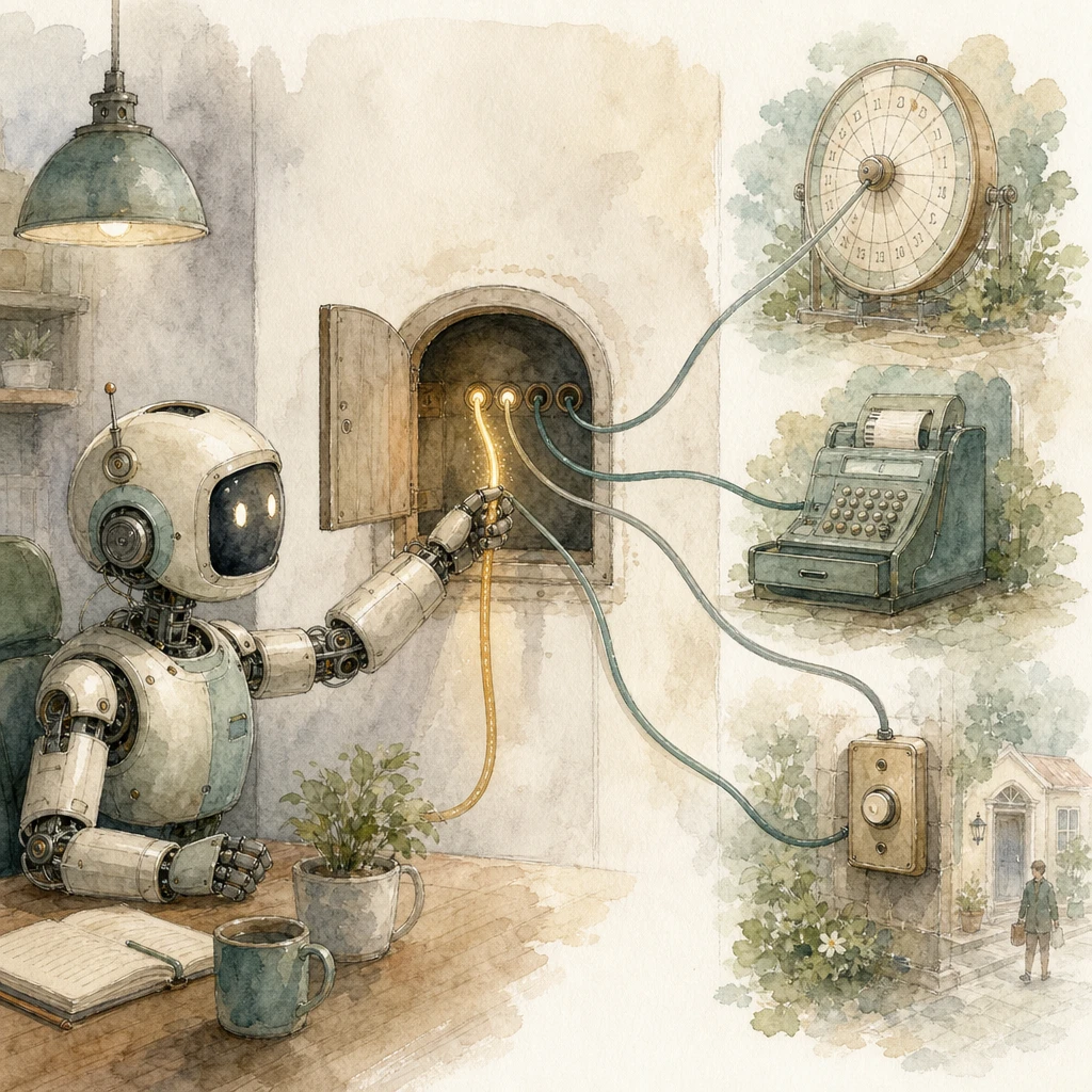 An assistant robot reaches through a service hatch to pull cords connected to a calendar, till and doorbell, illustrating LLM function calling