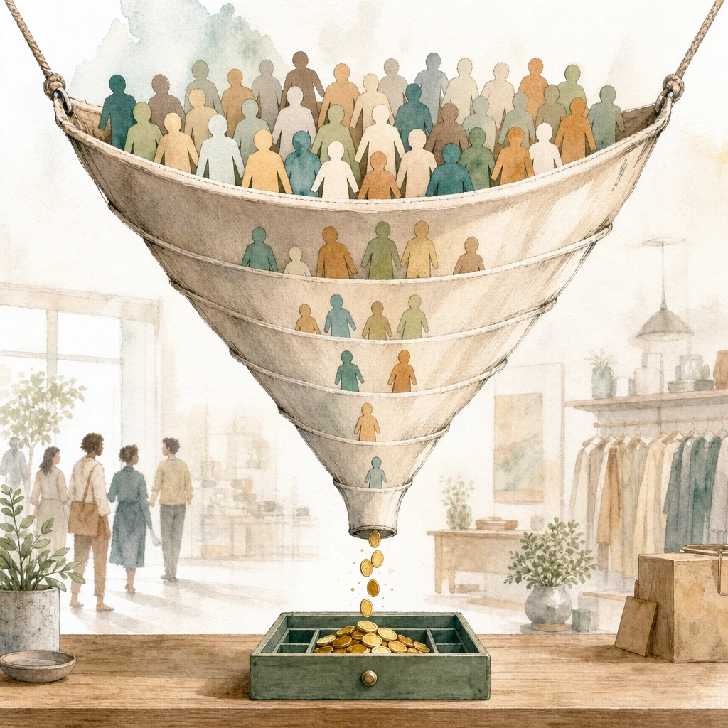 A crowd of paper figures narrows through a cloth funnel into a stream of coins at a till, illustrating a marketing funnel