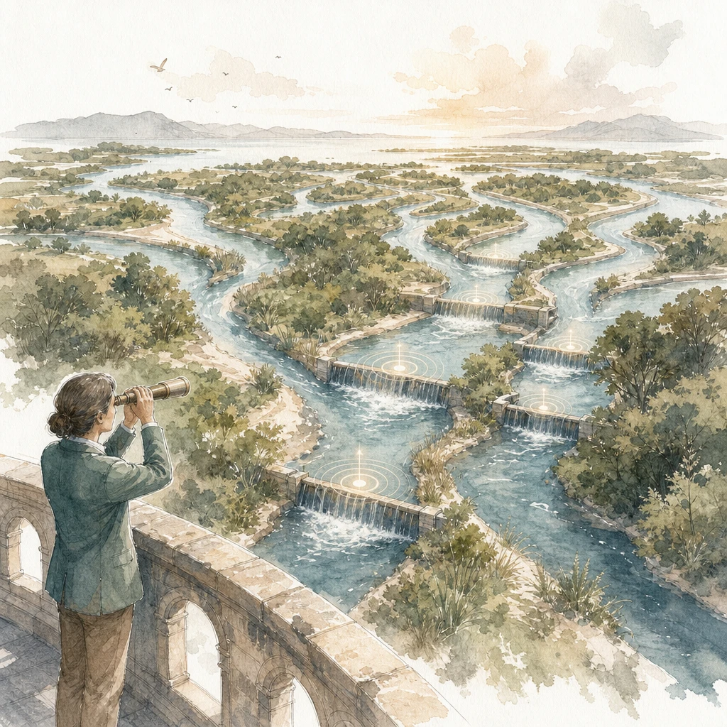 Visitor streams flow through glowing measuring weirs in a river delta watched by an analyst, illustrating Google Analytics 4