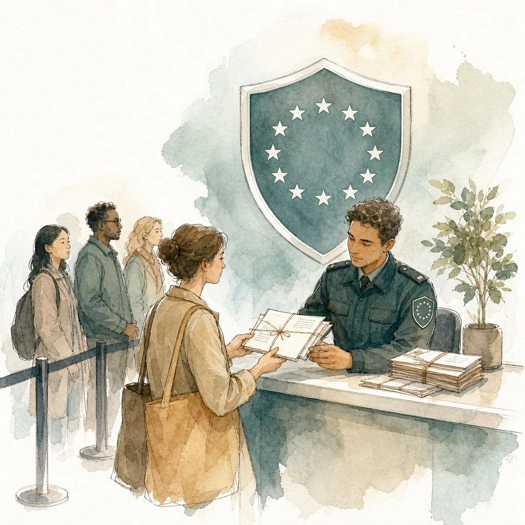 A customs officer with a star-circled shield inspects parcels of letters at a border desk, illustrating the EU GDPR