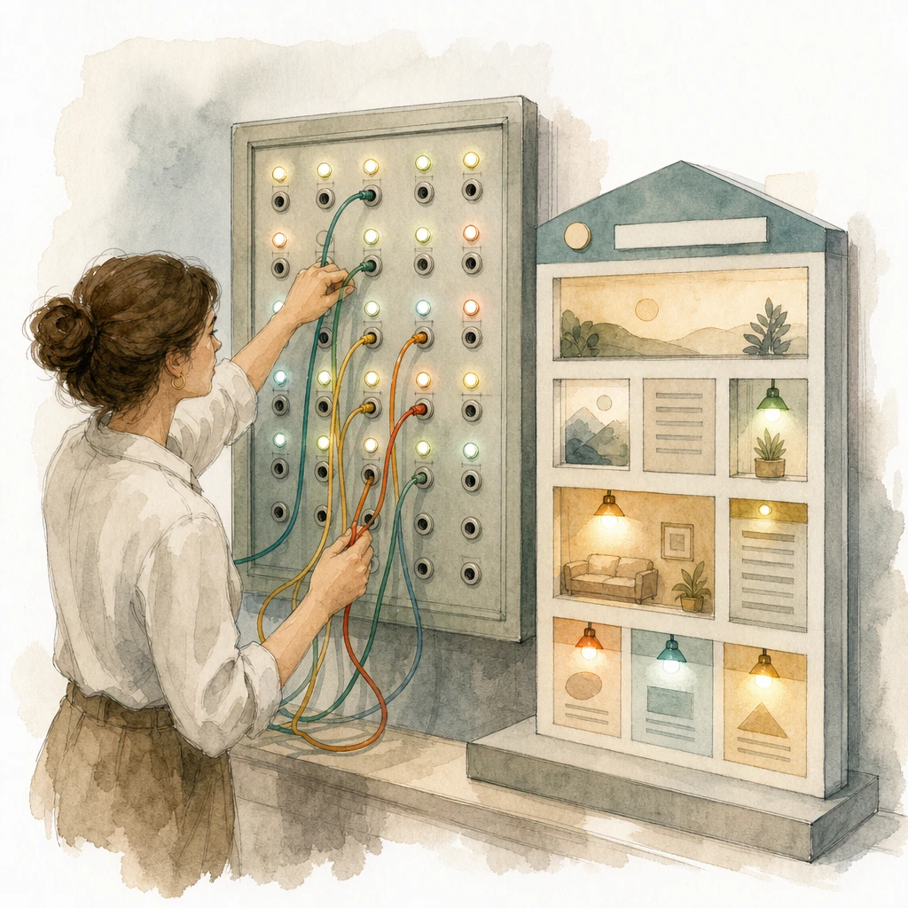 An operator plugs coloured cables into a switchboard that lights lamps on a model website, illustrating Google Tag Manager