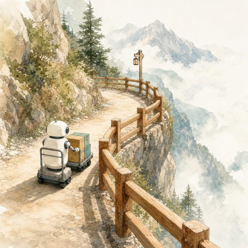 An assistant robot pushes a cart along a mountain path protected by sturdy guardrails, illustrating AI guardrails