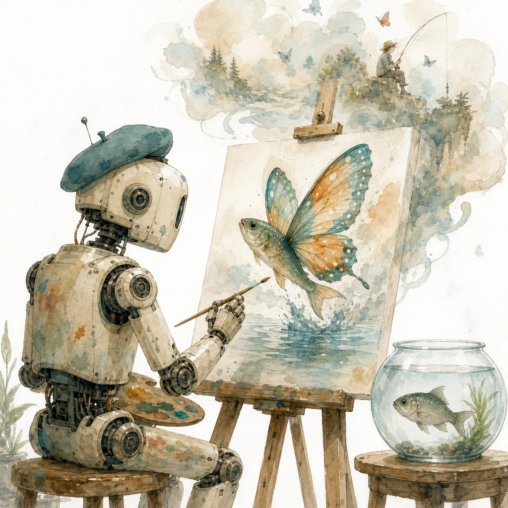 A robot painter confidently paints a winged fish while the real fish watches from its bowl, illustrating AI hallucination