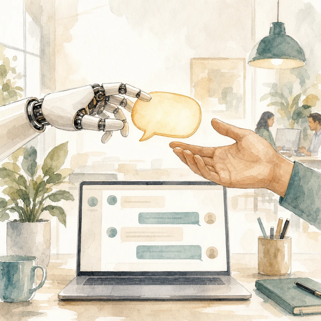 A robot hand passes a glowing speech-bubble baton into a human hand above an open chat, illustrating AI-to-human handover