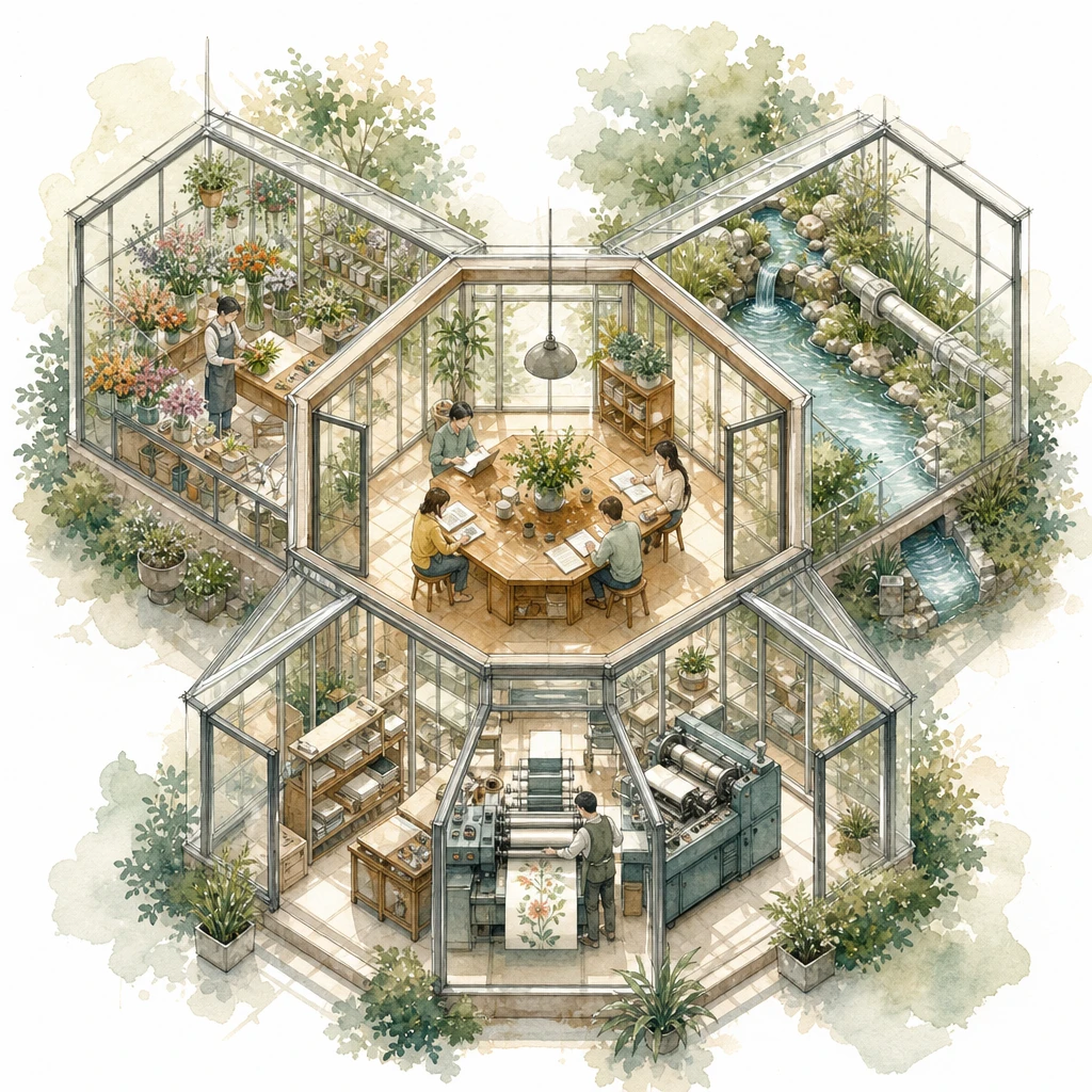 A hexagonal greenhouse hub with glass wings for email, pipeline and content gardens, illustrating the HubSpot platform