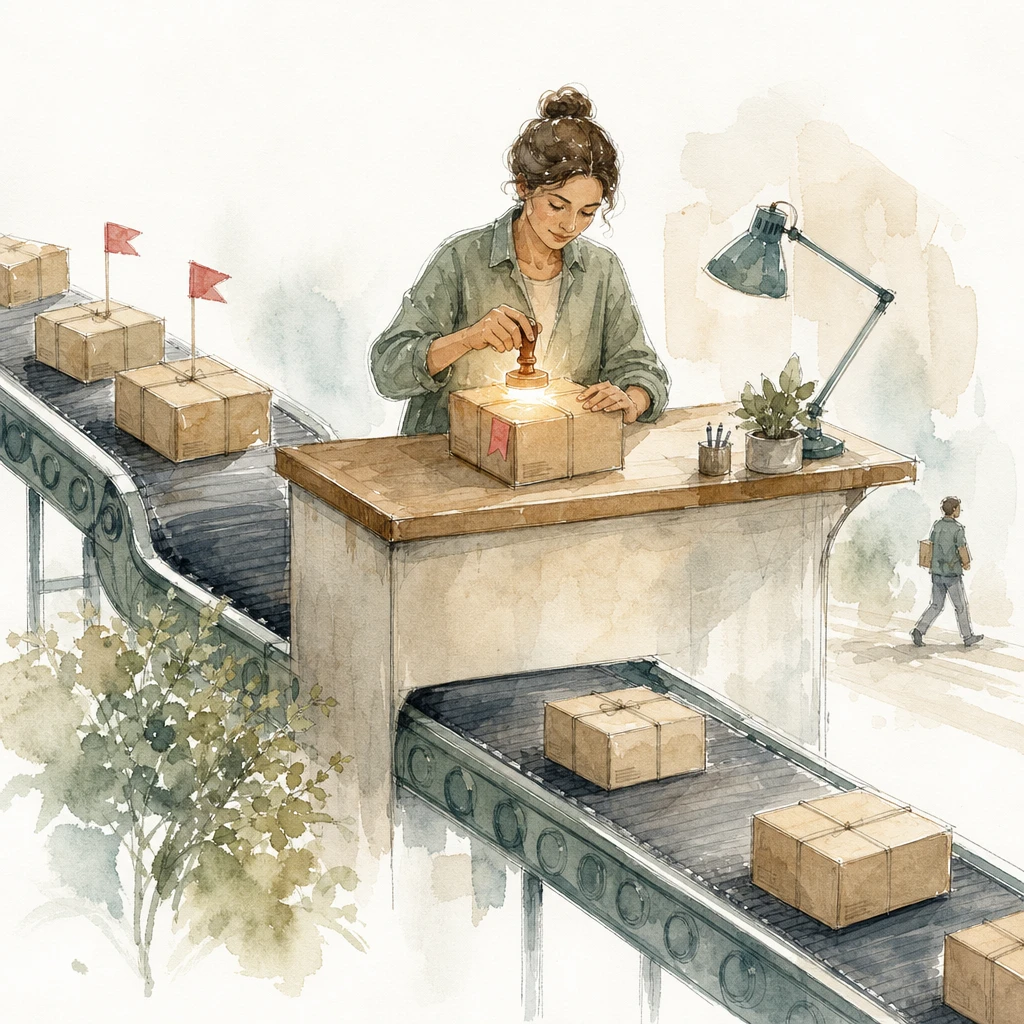 A conveyor pauses at a desk where a person stamps approval on flagged parcels, illustrating human-in-the-loop AI workflows