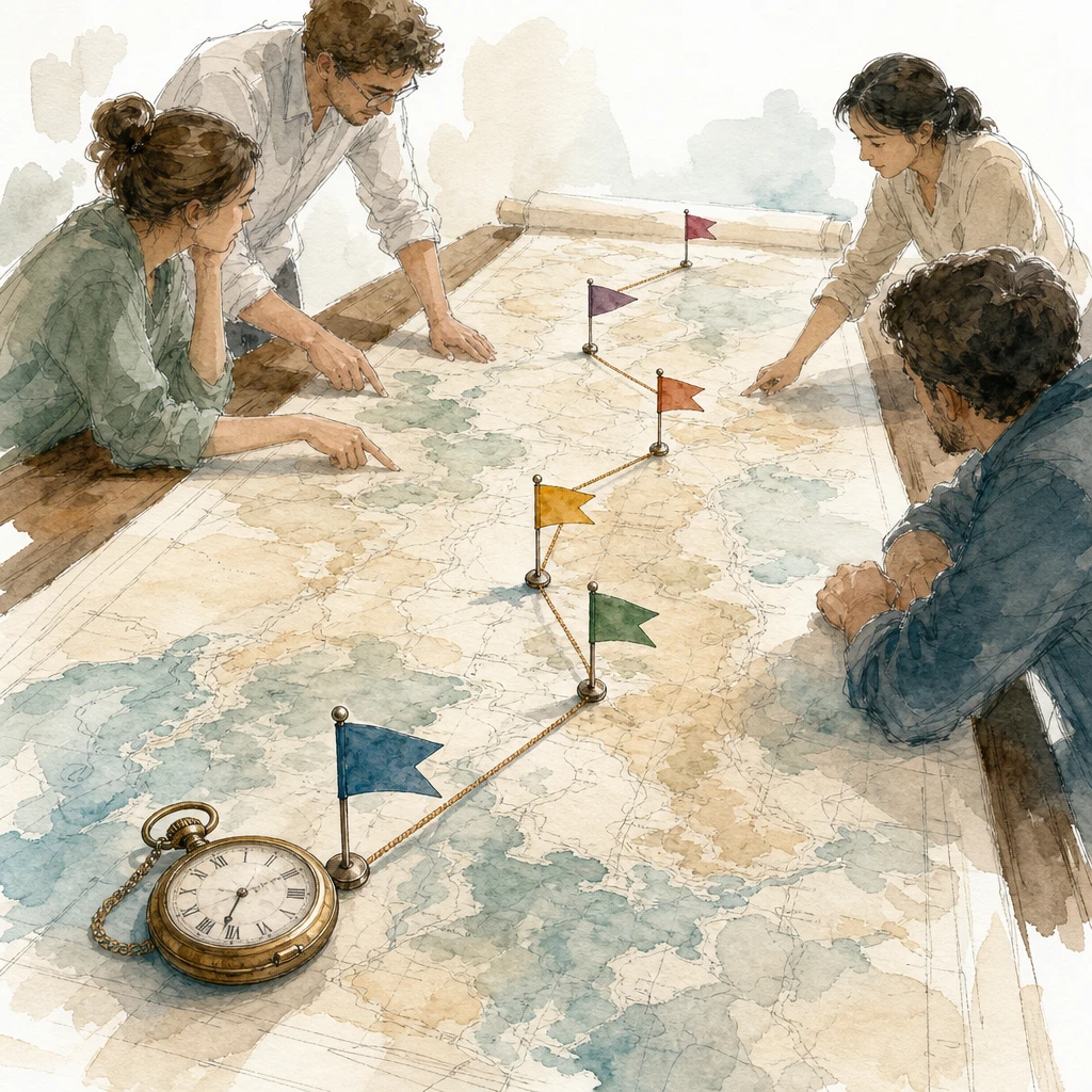 A team traces a string-connected route of flag pins across an unrolled map, illustrating an AI implementation roadmap
