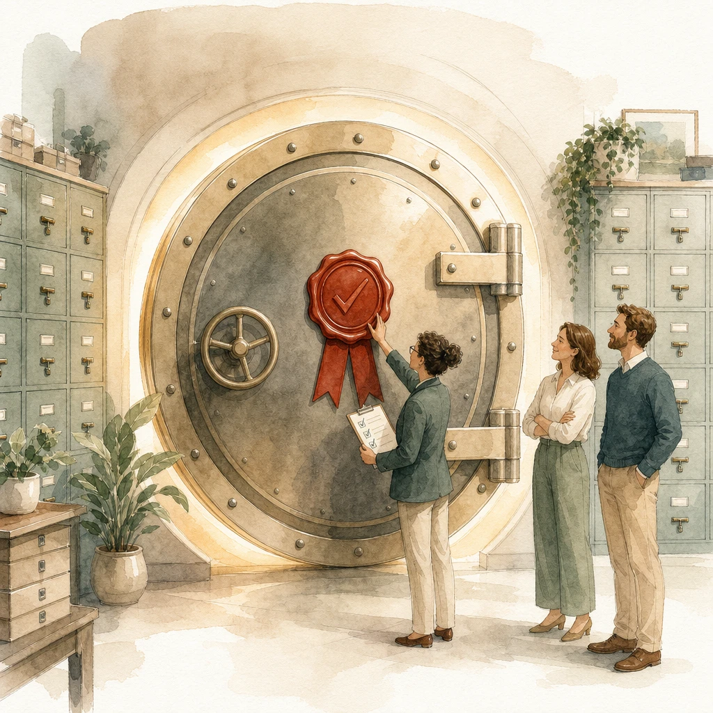 An independent auditor presses a wax seal onto a vault door in a tidy archive room while two staff members look on, illustrating ISO 27001 certification