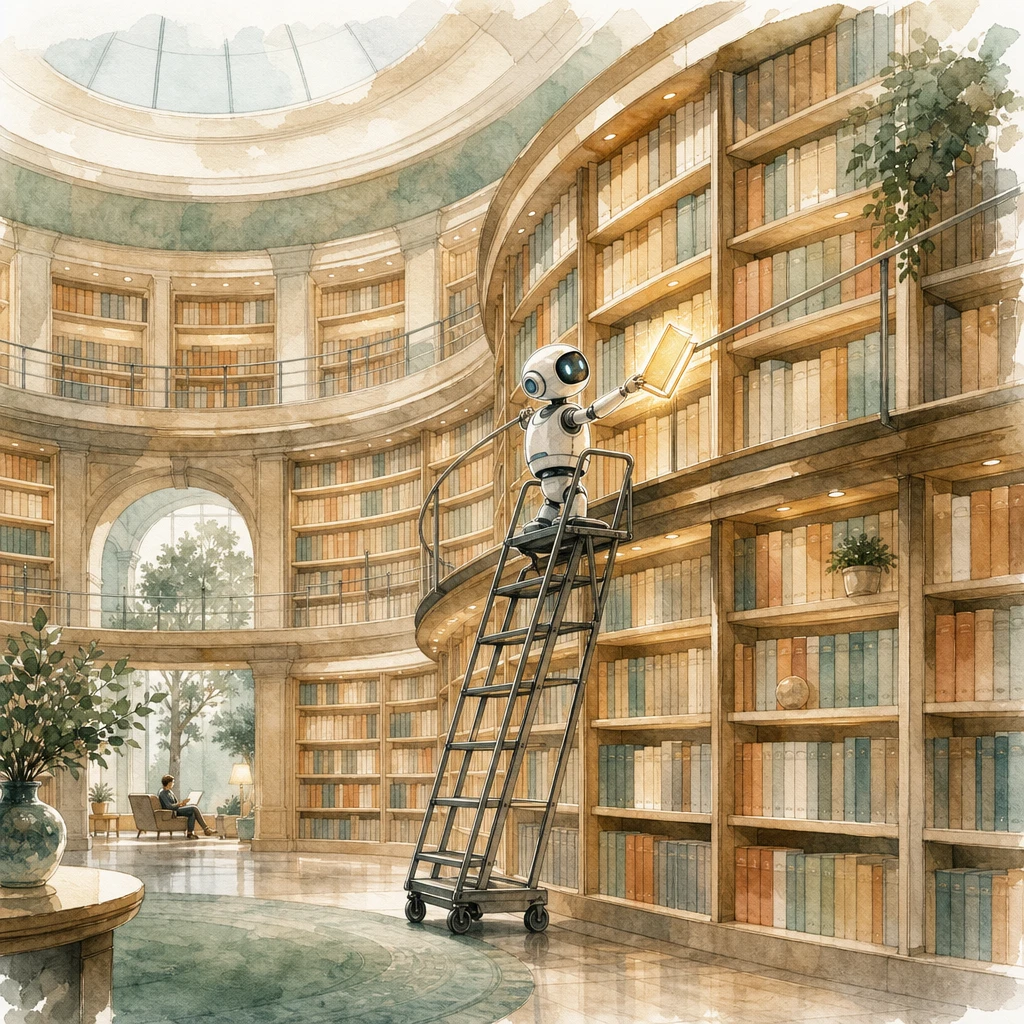 A small assistant robot on a rolling ladder fetches a glowing book from a round library, illustrating an AI agent's knowledge base