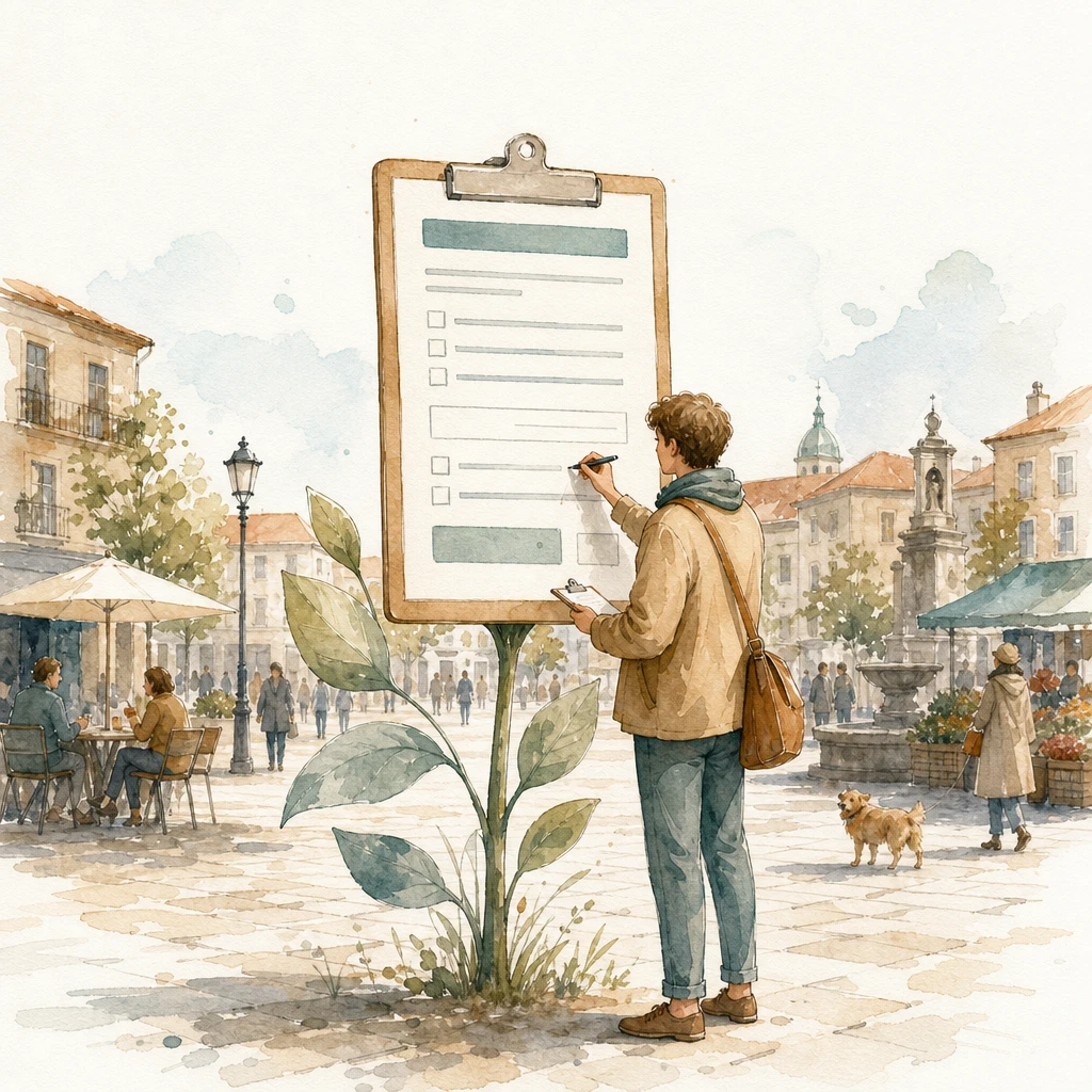 A passer-by fills in a clipboard form growing directly out of a town square poster, illustrating a Meta lead form ad