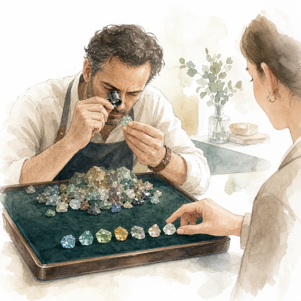 A jeweller with a loupe sorts the brightest gems to the front of a tray for a waiting salesperson, illustrating lead scoring