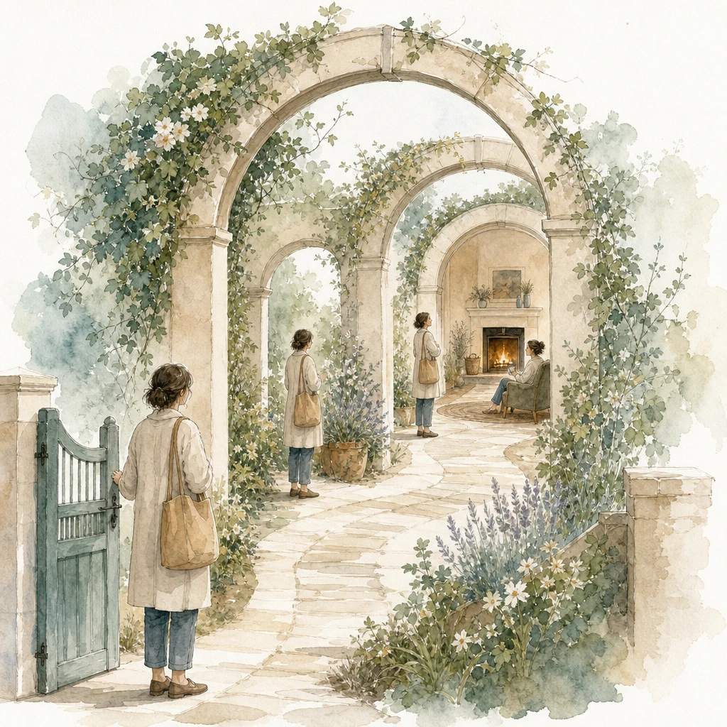 A figure passes under successive garden archways from gate to hearth, more at home at each one, illustrating CRM lifecycle stages