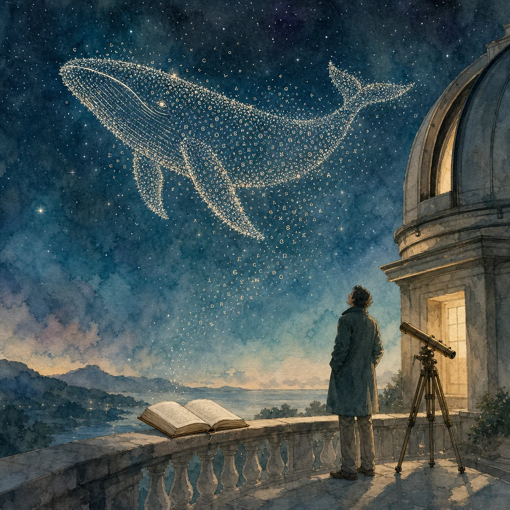 A constellation of tiny letter-stars forms a glowing whale above an open book at an observatory, illustrating a large language model