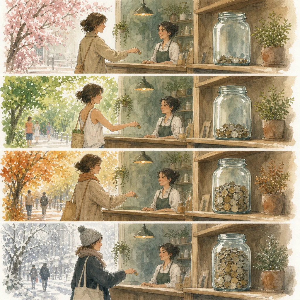 A returning customer visits the same shop across seasons while a coin jar steadily fills, illustrating customer lifetime value