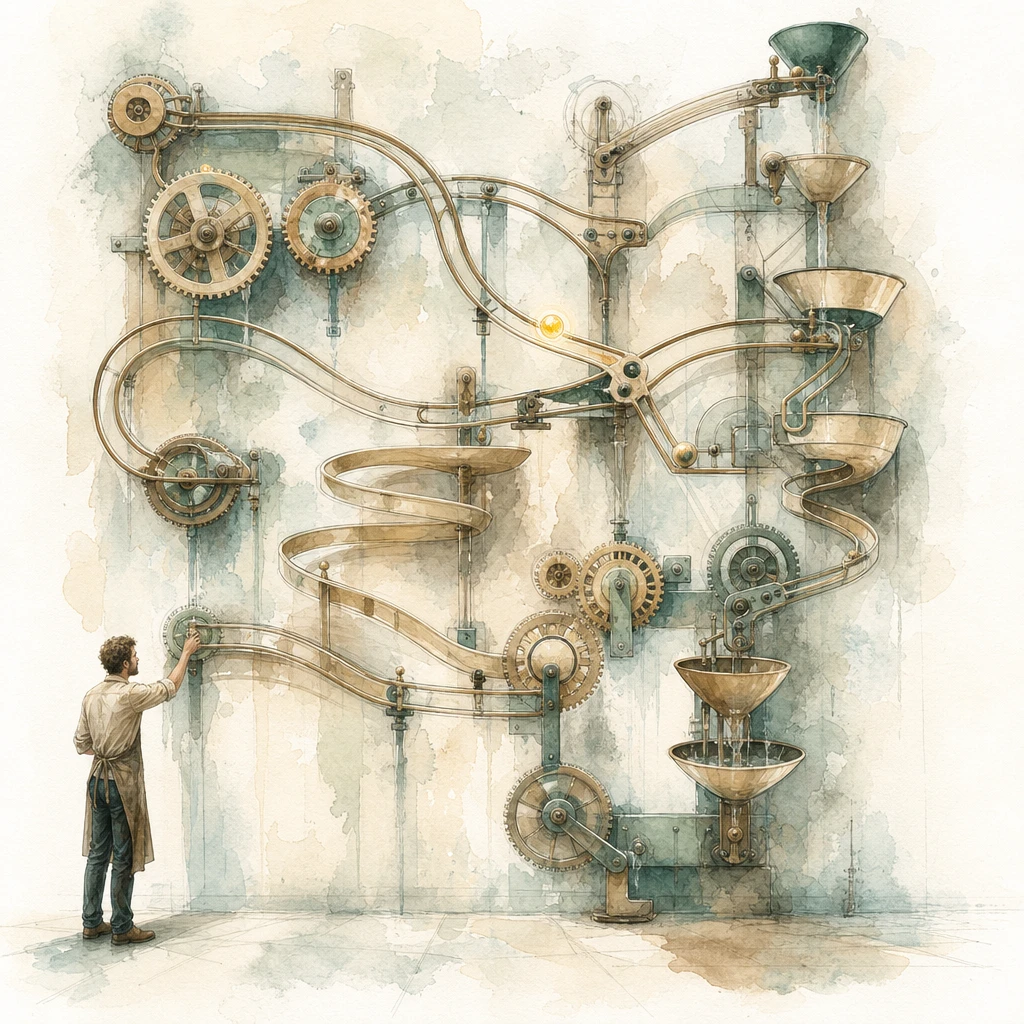 A tinkerer routes a glowing marble through a wall-sized machine of cogs and branching tracks, illustrating Make.com visual automation