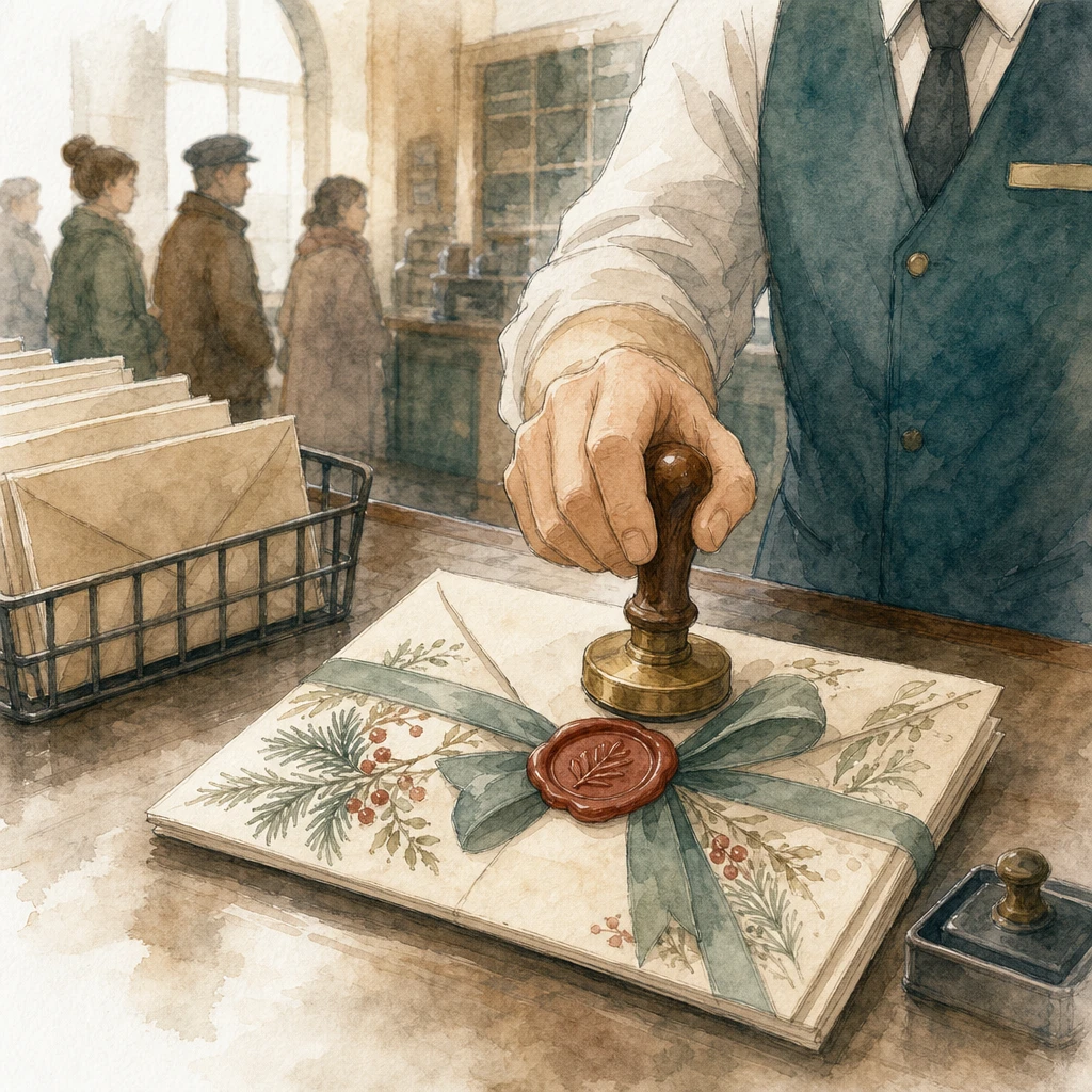A postal clerk stamps approval onto a festive sealed letter at a counter, illustrating a pre-approved WhatsApp marketing template