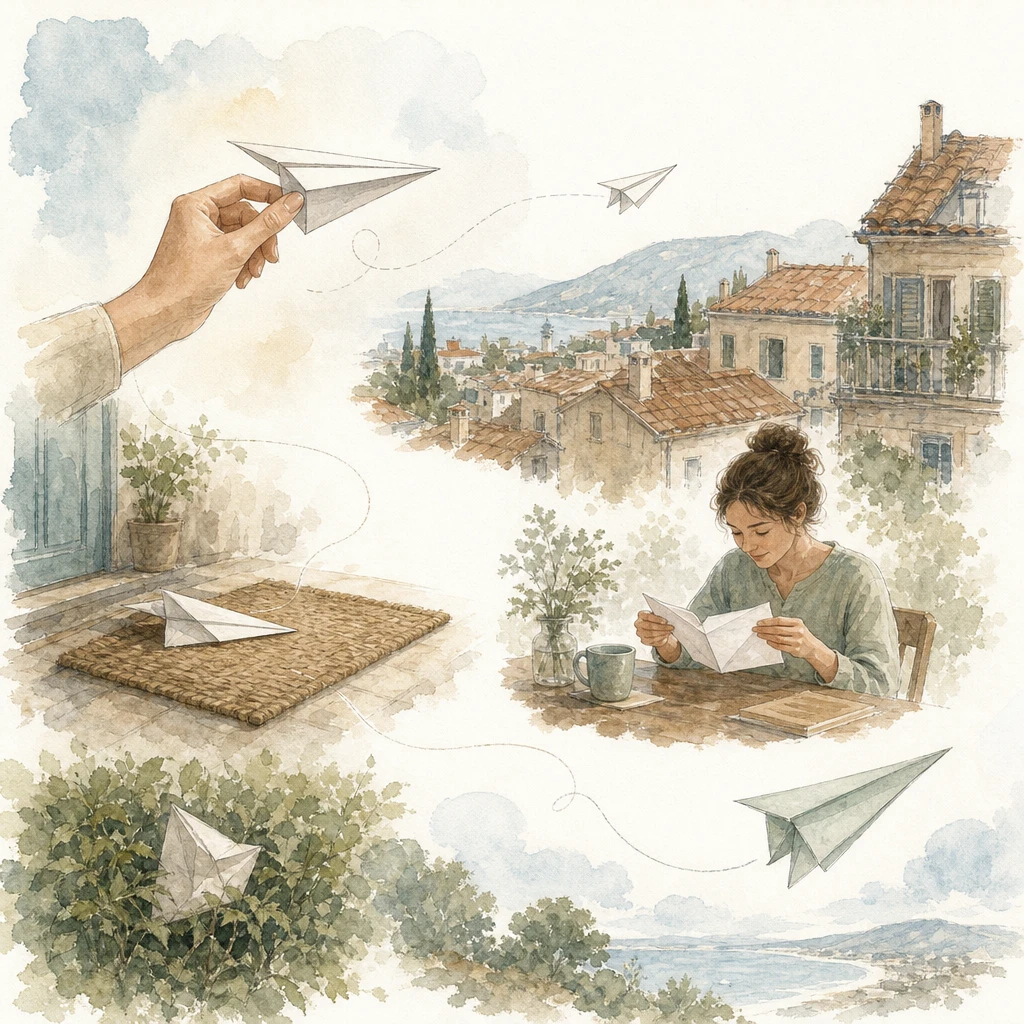 A paper plane's journey in stages from send to delivery to reply, with one faded plane in a hedge, illustrating WhatsApp message statuses