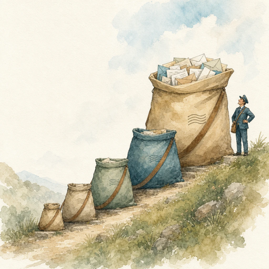 A staircase of five increasingly large mail bags on a hillside, illustrating WhatsApp messaging tiers and daily send caps
